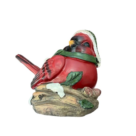 Cardinal Bird In Nest Figure Red Green Hat Scarf Winter Resin Decor CHIP READ - Picture 13 of 14